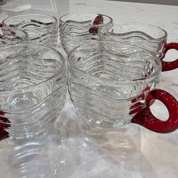 7 Duncan & Miller Glass Caribbean Punch Cups, Clear with Red Handle, Wavy Design - Picture 12 of 12